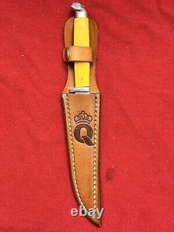 Queen Steel # 85A Fixed Blade Knife With Yellow Handle & Leather Sheathe