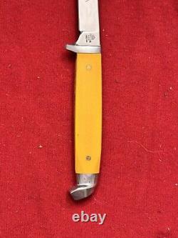 Queen Steel # 85A Fixed Blade Knife With Yellow Handle & Leather Sheathe