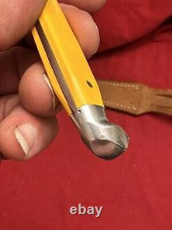 Queen Steel # 85A Fixed Blade Knife With Yellow Handle & Leather Sheathe