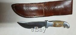R. H. Ruana M Stamp skinnnings knife with original sheathe, antler/stag handlr