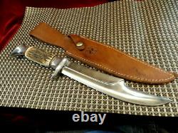 RARE 1950s SOLINGEN GERMANY STAG BONE 13.5 EDGE BRAND BOWIE HUNTING KNIFE /CASE