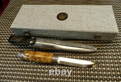 RARE 3-Pc Set MINTY 1951 HAUGRUD NORWAY PUUKKO BIRCH BURL HUNTING KNIFE CASE BOX