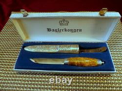 RARE 3-Pc Set MINTY 1951 HAUGRUD NORWAY PUUKKO BIRCH BURL HUNTING KNIFE CASE BOX