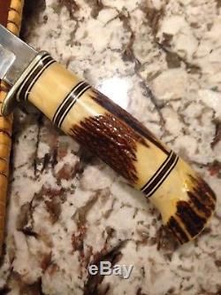 RARE! Vintage MORSETH Hunting Knife 3 Piece Stag Handle 6 Blade With Loc Sheath