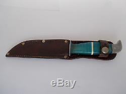RARE Vintage Old Early Buck Hunting Knife REB Blue Lucite Handle Orignal Sheath