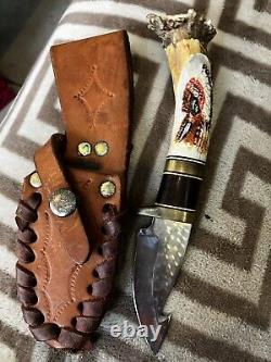 Rare Ken Richardson Antler Gut Knife 8 Carved Steel Blade Indian Chief Sheath