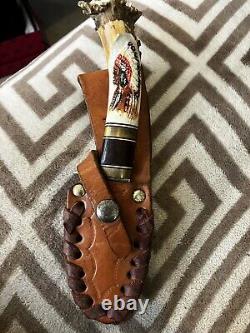 Rare Ken Richardson Antler Gut Knife 8 Carved Steel Blade Indian Chief Sheath