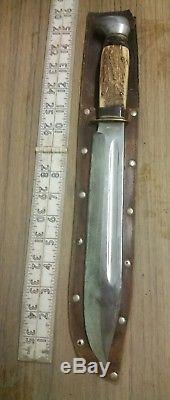 Rare Vintage Henry Boker Germany Stag Bowie Hunting Knife Very Old