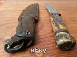 Rare Vintage Marbles Woodcraft hunting knife Stag Bone withcase buck skinner Antiq
