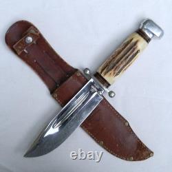 Rehwappen, Solingen Germany 1950th hunting Bowie, split stag handle, orig sheath