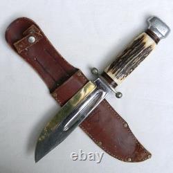 Rehwappen, Solingen Germany 1950th hunting Bowie, split stag handle, orig sheath