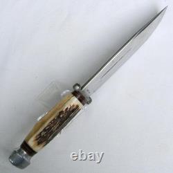 Rehwappen, Solingen Germany 1950th hunting Bowie, split stag handle, orig sheath