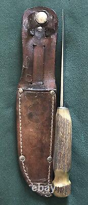 Remington USA Dupont RH 73 Vintage STAG HANDLE Hunting Knife WithLeather Sheath