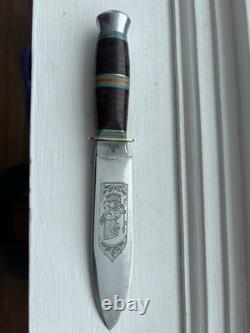 Robi Klaas Rare Vintage Vintage Fixed Blade Hunting Knife Etched Motif Sheath