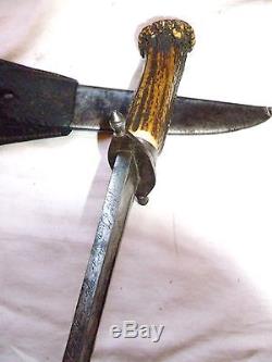 Signed & Dated 1868 Antique French Bowie Knife Hunting Dirk Deer Antler Dagger