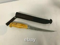 SIGNED J MARTTIINI FINLAND FISHING FISH FILET KNIFE with LEATHER SHEATH 10 3/4