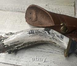 Silver Stag Deep Valley Scrimshaw Handle Knife/Sheath Signed Michelle Severe