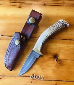 Silver Stag Hunting Bowie Knife Fixed Blade Stag Antler Handle with Sheath