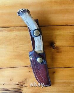 Silver Stag Hunting Bowie Knife Fixed Blade Stag Antler Handle with Sheath