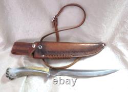 Silver Stag Knife with Antler Handle and leather case Alaska camper LN