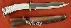 Silver Stag Short 8 Bowie Hunting Knife Crown Antler Handle Leather Sheath