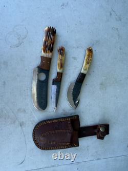 Titan Damascus Steel Hunting Knife 3 Piece Set Handmade Leather Sheath Holster