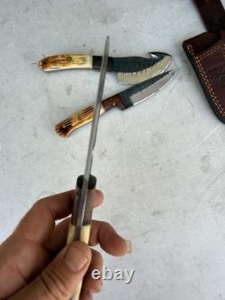 Titan Damascus Steel Hunting Knife 3 Piece Set Handmade Leather Sheath Holster