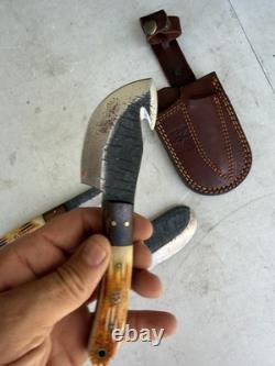 Titan Damascus Steel Hunting Knife 3 Piece Set Handmade Leather Sheath Holster