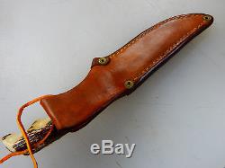 US Early Custom Hand Made Wilson Hunting Knife & Leather Sheath, STAG Handle