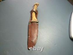 VINTAGE 1960s 70s WESTERN BOWIE KNIFE with ANTLER HORN & LEATHER BELT SHEATH