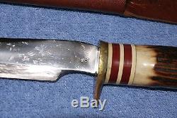 Vintage'60s Queen Steel Cutlery Hunting Knife Stag Handle Sheath Nice