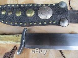Vintage Big Bowie Antler Stag Grips Hunting Knife With Unique Leather Sheath