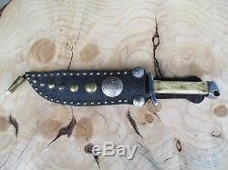 Vintage Big Bowie Antler Stag Grips Hunting Knife With Unique Leather Sheath