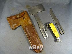 VINTAGE COMBINATION WESTERN BOULDER COLO. AXE AND HUNTING KNIFE WITH SHEATH