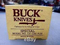 VINTAGE EARLY BUCK 119 HUNTING KNIFE With SHEATH, BOX & PAPERS, NEVER USED! MINT