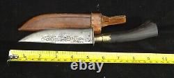 VINTAGE HAND FORGED TURKISH KNIFE with A CARBON STEEL ENGRAVED BLADE +SHEATH EX+