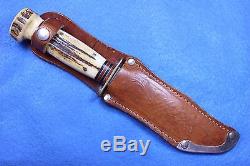 VINTAGE MARBLES GLADSTONE, MICH. STAG FOUR BRASS PINS HUNTING KNIFE with SHEATH