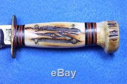 VINTAGE MARBLES GLADSTONE, MICH. STAG FOUR BRASS PINS HUNTING KNIFE with SHEATH