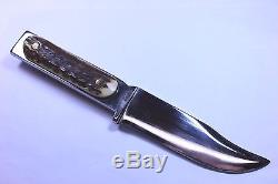 VINTAGE STAG ANTLER HANDLE SOLID STAINLESS STEEL HUNTING KNIFE with SHEATH