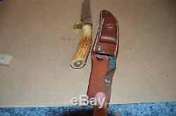 VINTAGE USED RANDALL MADE STAG HANDLE HUNTING KNIFE IN LEATHER SHEATH With STONE