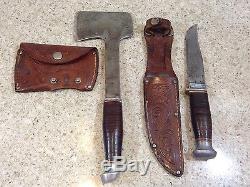 VTG. KINFOLKS HATCHET & HUNTING KNIFE COMBO W ORIG. SHEATH 1940s RARE/ NICE (D)