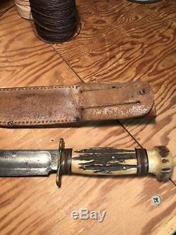 Very old, vintage Marbles 6 inch, hunting knife. 4 pin, stag on stag handle