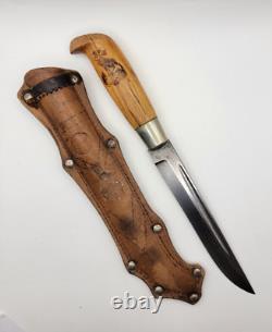 Vintage 10.5 Finland Moose Hunter Puukko Knife with Leather Sheath E122