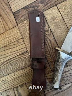 Vintage 11 Fixed Blade Hunting Knife with Curved Stag Handle & Leather Sheath