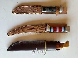 Vintage 1940-65 era Translucent Cherry Bakelite Fixed Blade Knife Leather Sheath