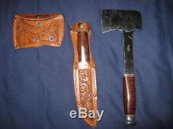 Vintage 1950'S Kinfolks Ax & Knife Combination With Fancy Tooled Leather Sheaths