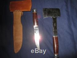 Vintage 1950'S Kinfolks Ax & Knife Combination With Fancy Tooled Leather Sheaths