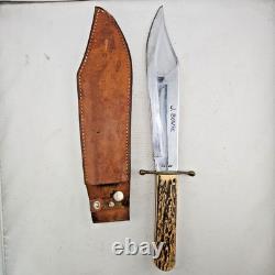 Vintage 1950s Ka-Bar J Bowie Stag Handle Hunting Fixed Blade Knife with Sheath