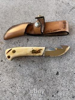 Vintage 1970's Stag Handle Hunting Knife With Gut Hook