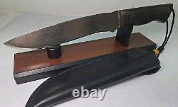 Vintage ANZA 12 FIXED BLADE KNIFE 7.5 Damascus Drop BLADE With Leather Sheath